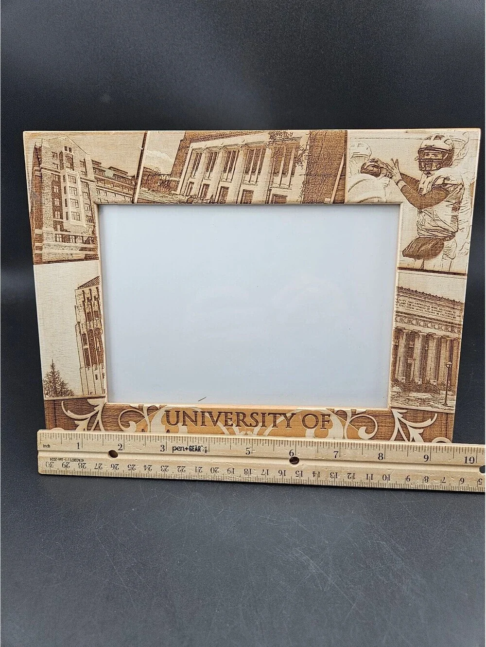 University of Michigan Wooden Photo Frame with Campus and Football Engraved 9x7